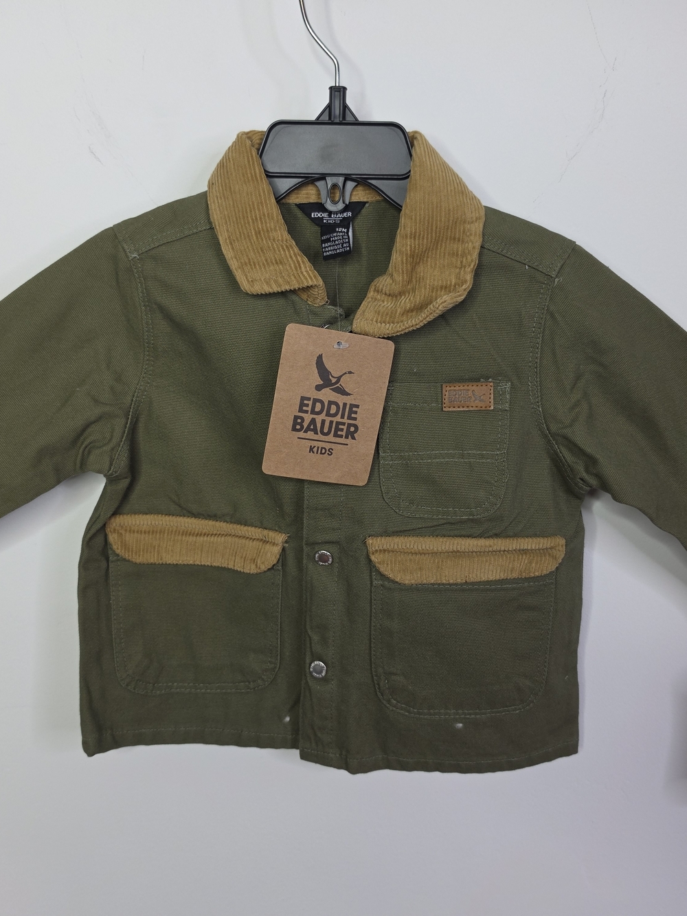 Baby Olive Green Utility Barn Jacket, Corduroy Collar & Pocket Trim, 12m